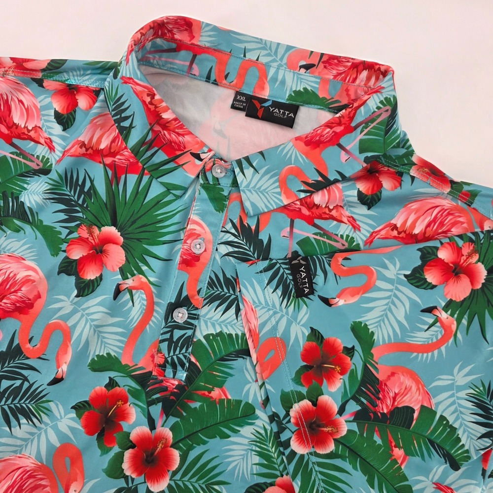 Yatta Golf Mens XXL Flamingo‎ Tropical Floral Performance Polo Shirt Blue Golf